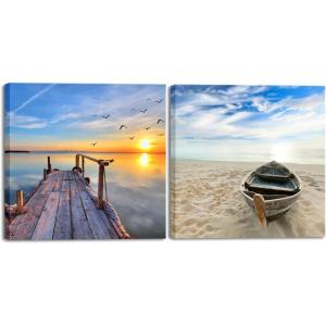 imageVirtual BundlesWieco Art Boat and Bridge Modern Seascape Giclee Canvas Prints Artwork Landscape Pictures to Photos on Stretched Canvas Wall Art Ready to Hang for Home Office Decorations 20 by 20 inch