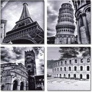 imageWieco Art Architectures Modern 4 Panels Giclee Canvas Prints Europe Buildings Black and White Landscape Pictures Paintings on Canvas Wall Art Ready to Hang for Bedroom Home Office Decorations20x20inchx4pc 50x50cmx4pc