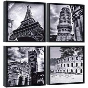 imageWieco Art Architectures Modern 4 Panels Giclee Canvas Prints Europe Buildings Black and White Landscape Pictures Paintings on Canvas Wall Art Ready to Hang for Bedroom Home Office Decorations12x12inchx4pcs Framed