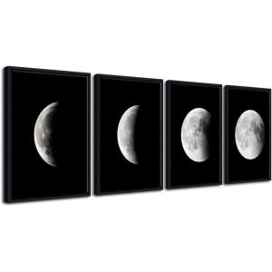 imageWieco Art Eclipse of the Moon Modern Canvas Prints Wall Decorations for Living Room Abstract Space Black and White Pictures to Photo Paintings on Canvas Wall Art for Home Decorations Wall Decor12x16inchx4pcs Framed