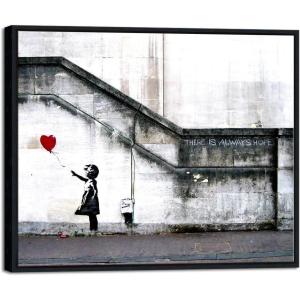 imageWieco Art Framed Canvas Wall Art Canvas Prints of Banksy Grafitti Girl with Red Balloon Abstract Artwork for Wall Decor Home Decorations Black FrameBlack and White