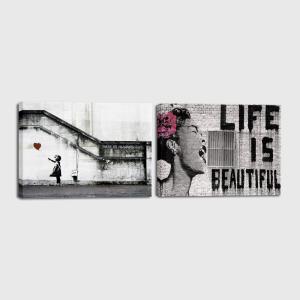 imageWieco Art Virtual Bundles Banksy Life is Beautiful and Grafitti Girl Modern Canvas Prints Artwork Grey Love Abstract Pictures Paintings Ready to Hang for Bedroom Home Office Decorations