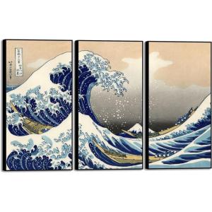 imageWieco Art Extra Large Black Framed Art Great Wave of Kanagawa Katsushika Hokusai Canvas Prints Wall Art Abstract Seascape Paintings for Living Room Home Decorations16x32inchx3pcs Aluminum Frame