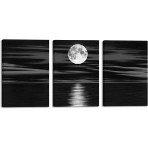 imageWieco Art Framed 3 Panel Sea White Full Moon in Night Canvas Print Wall Art Black and White Ocean Beach for Living Room Bedroom Kitchen Home Decorations Modern Abstract Artwork16x24inchx3pcs40x60cmx3pcs