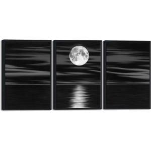 imageWieco Art Framed 3 Panel Sea White Full Moon in Night Canvas Print Wall Art Black and White Ocean Beach for Living Room Bedroom Kitchen Home Decorations Modern Abstract Artwork16x24inchx3pcsFramed