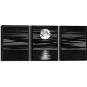 imageWieco Art Framed 3 Panel Sea White Full Moon in Night Canvas Print Wall Art Black and White Ocean Beach for Living Room Bedroom Kitchen Home Decorations Modern Abstract Artwork12x16inchx3pcsFramed