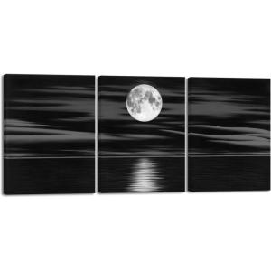 imageWieco Art Framed 3 Panel Sea White Full Moon in Night Canvas Print Wall Art Black and White Ocean Beach for Living Room Bedroom Kitchen Home Decorations Modern Abstract Artwork12x16inchx3pcs30x40cmx3pcs