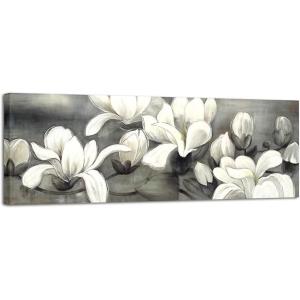 imageWieco Art Framed Art Magnolia Flower Modern Canvas Prints Floral Prints Reproduction Pictures Artwork on Stretched and Framed Canvas Wall Art for Home Decoration Wall Decor Black48L x 16W