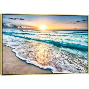 imageWieco Art Framed Art Sea Waves Canvas Prints Wall Art Abstract Seascape Paintings for Living Room Home Decorations Large Framed Canvas Art Sea Artwork Golden Frame