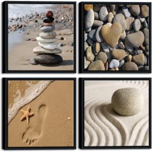 imageWieco Art Framed Canvas Art Romantic Beach Theme 4 Panels Modern Artwork Sea Ocean Canvas Prints Contemporary Abstract Pictures on Canvas Wall Art for Living Room Decorations12x12inchx4pcs Framed