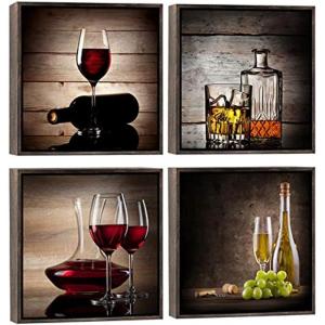imageWieco Art Framed Canvas Wall Art Red Wine Cups Modern 4 Pieces Abstract Canvas Prints Artwork Contemporary Vintage Pictures for Kitchen Wall Decorations Bar Interior Decor12x12inchx4pcs Framed
