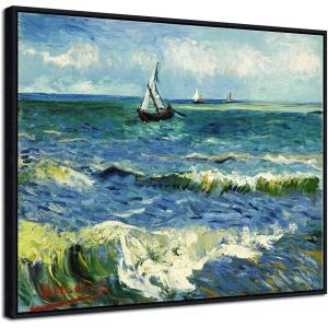 imageWieco Art Framed Canvas Wall Art Seascape at Saintes Maries by Vincent Van Gogh Modern Canvas Prints Sea Pictures on Canvas Art for Living Room Home Decorations Gold Frame328L x 247W
