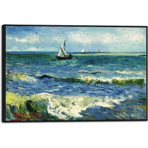 imageWieco Art Framed Canvas Wall Art Seascape at Saintes Maries by Vincent Van Gogh Modern Canvas Prints Sea Pictures on Canvas Art for Living Room Home Decorations Gold Frame496L x 7W
