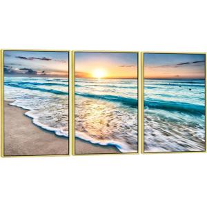 imageWieco Art Framed Wall Art 3 Panels Blue Beach Canvas Art for Home Decor Sea View Sunset White Wave Beach Pictures on Canvas Prints Artwork for Wall Decor Living Room Decorations16x24inchx3pcs Framed