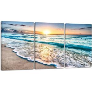 imageWieco Art Framed Wall Art 3 Panels Blue Beach Canvas Art for Home Decor Sea View Sunset White Wave Beach Pictures on Canvas Prints Artwork for Wall Decor Living Room Decorations16x24inchx3pcs 40x60cmx3pcs