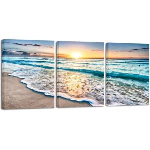 imageWieco Art Framed Wall Art 3 Panels Blue Beach Canvas Art for Home Decor Sea View Sunset White Wave Beach Pictures on Canvas Prints Artwork for Wall Decor Living Room Decorations12x16inchx3pcs 30x40cmx3pcs