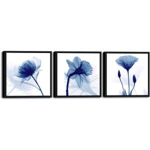 imageWieco Art Framed Wall Art Blue Abstract Flowers 3 Panels Canvas Prints Home Art Modern Artwork Wall Pictures for Living Room Bedroom and Home Decorations Black Frame12x12inchx3pcs Framed