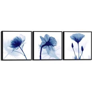 imageWieco Art Framed Wall Art Blue Abstract Flowers 3 Panels Canvas Prints Home Art Modern Artwork Wall Pictures for Living Room Bedroom and Home Decorations Black Frame20x20inchx3pcs Framed