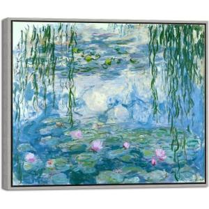 imageWieco Art Framed Wall Art Water Lilies by Claude Monet Canvas Print Paintings Reproduction Modern Canvas Wall Art for Home and Office Decoration Abstract Artwork Silver Frame