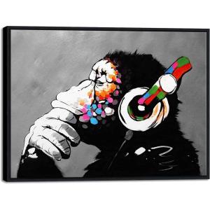 imageWieco Art Black Framed Monkey With Headphones Banksy Graffiti Art Abstract Canvas Painting Posters and Prints Animal Canvas Wall Art for Wall Decor and Home decorations