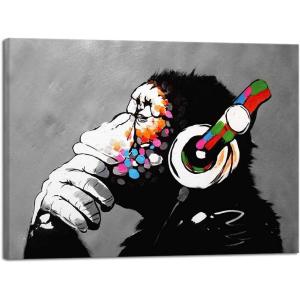imageWieco Art Black Framed Monkey With Headphones Banksy Graffiti Art Abstract Canvas Paintings Prints Animal Canvas Wall Art for Wall Decor and Home decorations Office Decor28L x 20W