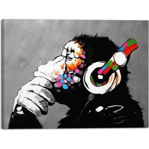 imageWieco Art Black Framed Monkey With Headphones Banksy Graffiti Art Abstract Canvas Paintings Prints Animal Canvas Wall Art for Wall Decor and Home decorations Office Decor48L x 36W