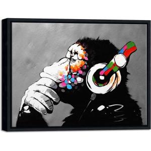 imageWieco Art Black Framed Monkey With Headphones Banksy Graffiti Art Abstract Canvas Paintings Prints Animal Canvas Wall Art for Wall Decor and Home decorations Office Decor17L x 13W