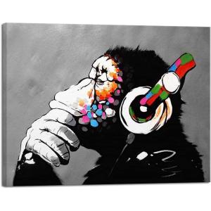 imageWieco Art Black Framed Monkey With Headphones Banksy Graffiti Art Abstract Canvas Paintings Prints Animal Canvas Wall Art for Wall Decor and Home decorations Office Decor32L x 24W