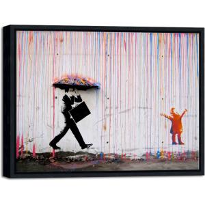 imageWieco Art Framed Banksy Raining Day or Colorful Graffiti Street Famous Canvas Paintings Wall Art Modern Inspirational Grey Love Pictures Print Artwork for Home Office DecorBlack Frame