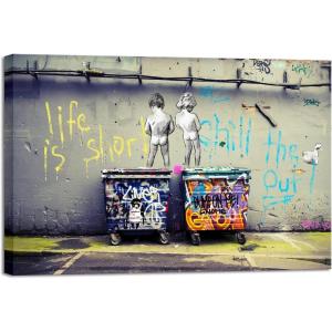 imageWieco Art Gallery Wrapped Canvas Prints Life is Short Chill the Duck Out Banksy Boys Artwork Reproduction Graffiti Poster Print on Canvas Wall Art for Bedroom Home Kitchen Decorations24L x 16W