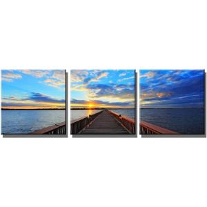 imageWieco Art 3 Piece Giclee Canvas Prints Wall Art Ocean Beach Pictures Paintings for Living Room Bedroom Home Office Decorations Bridge Under Sunset Modern Stretched and Framed Blue Landscape Artwork