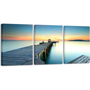 imageWieco Art 3 Piece Seascape Canvas Prints Wall Art Sunset Ocean Beach Pictures Paintings for Kitchen Bedroom Home Wall Decorations Bridges over the Sea Modern Stretched and Framed Giclee Artwork12x16inchx3pcs 30x40cmx3pcs