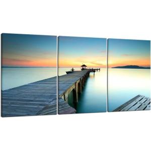 imageWieco Art 3 Piece Seascape Canvas Prints Wall Art Sunset Ocean Beach Pictures Paintings for Kitchen Bedroom Home Wall Decorations Bridges over the Sea Modern Stretched and Framed Giclee Artwork16x24inchx3pcs 40x60cmx3pcs