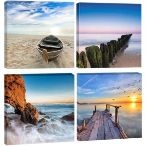 imageWieco Art Beach Pictures Canvas Wall Art Bathroom Decor Beach Seaview Wall Decor Ocean Nautical Bathroom Pictures Canvas Painting Bedroom Art Bathroom Accessories Coastal Themed Home Decorations20x20inchx4pcs50x50cmx4pcs