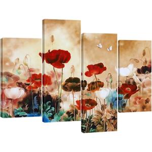 imageWieco Art Blooming Poppies Large Colorful Flowers Canvas Prints Wall Art Floral Giclee Pictures Paintings for Living Room Bedroom Home Decorations Modern 4 Panels Stretched and Framed Artwork XL