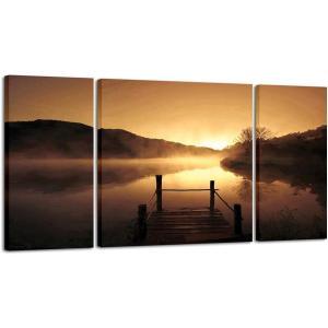 imageWieco Art Canvas Prints Wall Art Sunset Beach Picture Paintings for Living Room Bedroom Decor Home Decorations Misty Lake 3 Piece Modern Stretched and Framed Contemporary Giclee Landscape Artwork