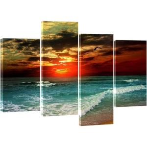imageWieco Art Cloudy Sea 4 Piece Seascape Canvas Paintings Wall Art Large Modern Stretched and Framed Ocean Beach Giclee Canvas Prints Artwork Pictures Ready to Hang for Living Room Home Decorations L