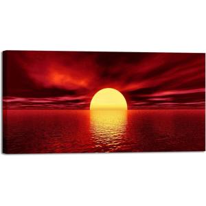 imageWieco Art Giclee Canvas Prints Wall Art Red Sea Pictures Sun Paintings Ready to Hang for Living Room Bedroom Home Decorations Modern 4 Piece Large Stretched and Framed Seascape Ocean Beach40L x 20W