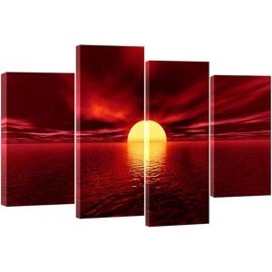 imageWieco Art Giclee Canvas Prints Wall Art Red Sea Pictures Sun Paintings Ready to Hang for Living Room Bedroom Home Decorations Modern 4 Piece Large Stretched and Framed Seascape Ocean Beach12x24inchx2pcs  12x32inchx2pcs
