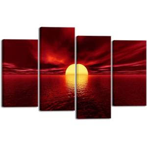 imageWieco Art Giclee Canvas Prints Wall Art Red Sea Pictures Sun Paintings Ready to Hang for Living Room Bedroom Home Decorations Modern 4 Piece Large Stretched and Framed Seascape Ocean Beach16x32inchx2pcs  16x40inchx2pcs