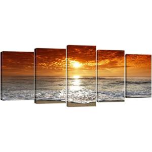 imageWieco Art Grand Sight Sunset Ocean Canvas Prints Wall Art Sea Beach Pictures to Photo Paintings Landscape Decor for Living Room Bedroom Home Decorations 5 Panels Modern HD Seascape Giclee Artwork10x16inchx2pcs 10x20inchx2pcs 10x24inchx1pc