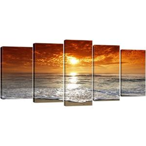 imageWieco Art Grand Sight Sunset Ocean Canvas Prints Wall Art Sea Beach Pictures to Photo Paintings Landscape Decor for Living Room Bedroom Home Decorations 5 Panels Modern HD Seascape Giclee Artwork14x24inchx2pcs 14x28inchx2pcs 14x32inchx1pc