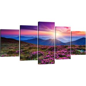 imageWieco Art Mountains in Sunrise Extra Large 5 Panels Modern Gallery Wrapped Giclee Canvas Prints Artwork Purple Landscape Pictures Paintings on Canvas Wall Art for Living Room Home Decorations XL16x24inchx2pcs 16x32inchx2pcs 16x40inchx1pc
