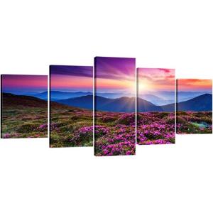 imageWieco Art Mountains in Sunrise Extra Large 5 Panels Modern Gallery Wrapped Giclee Canvas Prints Artwork Purple Landscape Pictures Paintings on Canvas Wall Art for Living Room Home Decorations XL10x16inchx2pcs 10x20inchx2pcs 10x24inchx1pc