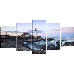 imageWieco Art Portland Lighthouse Canvas Prints Wall Art Ocean Sunset Beach Seascape Pictures Paintings for Living Room Bedroom Home Decorations Extra Large Modern Stretched and Framed Sea Skyline12x16inchx2pcs 12x24inchx2pcs 12x32inchx1pc