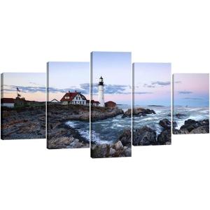 imageWieco Art Portland Lighthouse Canvas Prints Wall Art Ocean Sunset Beach Seascape Pictures Paintings for Living Room Bedroom Home Decorations Extra Large Modern Stretched and Framed Sea Skyline16x24inchx2pcs 16x32inchx2pcs 16x40inchx1pc