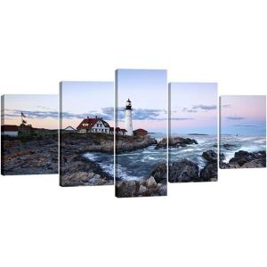 imageWieco Art Portland Lighthouse Canvas Prints Wall Art Ocean Sunset Beach Seascape Pictures Paintings for Living Room Bedroom Home Decorations Extra Large Modern Stretched and Framed Sea Skyline10x16inchx2pcs 10x20inchx2pcs 10x24inchx1pc