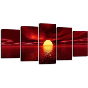 imageWieco Art Red Sun Canvas Prints Wall Art Ocean Sea Beach Pictures Paintings Ready to Hang for Living Room Bedroom Home Decorations Modern 5 Piece Stretched and Framed Grace Landscape Giclee Artwork10x16inchx2pcs 10x20inchx2pcs 10x24inchx1pc