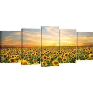 imageWieco Art Sunflowers Canvas Prints Wall Art Landscape Pictures Paintings Ready to Hang for Living Room Bedroom Home Office Decorations Modern 5 Panels Stretched and Framed Yellow FlowerYellow