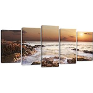 imageWieco Art The Rocky Sea Large Modern 5 Piece Giclee Canvas Prints Artwork Stretched and Framed Seascape Beach Pictures Paintings on Canvas Wall Art for Living Room Bedroom Home Decorations L14x24inchx2pcs 14x28inchx2pcs 14x32inchx1pc